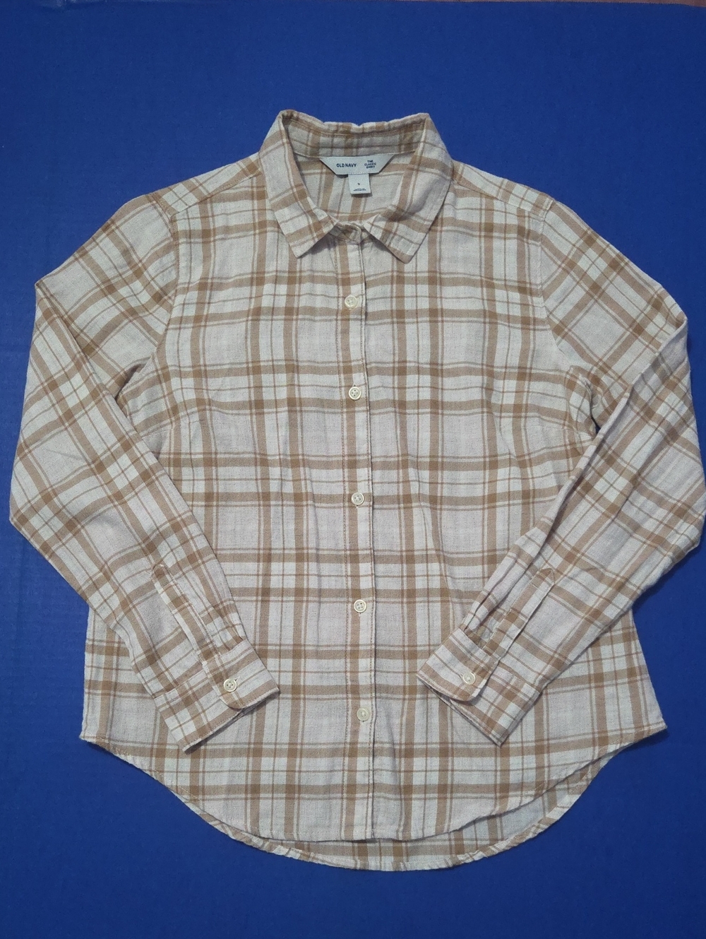 Old Navy Beige and Tan Plaid Button-Down Shirt